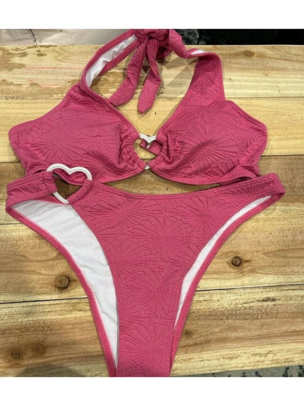 NEW Dusty Pink Textured Heart Accent Halter Bikini Swim Suit Sz M Cheeky Beach